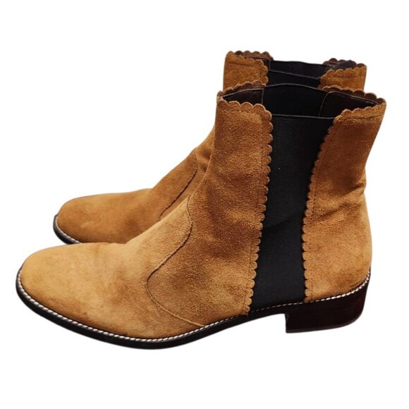 See By Chloe Tan Suede Ankle Boots Women’s Size 41 US 10 Scalloped Trim - Picture 5 of 13